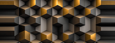 abstract background 3d geometric shapes. composition with yellow geometric shapes. Abstract cosmic...