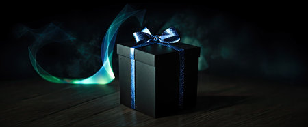 Gift box on dark magic background with light bokeh. Festive background, magic box with gift. Glowing Magic box. Generative AIの素材