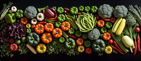 Assortment of fresh vegetables on black background. Variety of raw vegetables. Colorful various herbs and spices for cooking on dark background, copy space, banner. Generative AIの素材