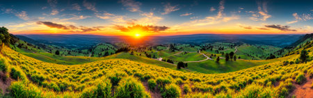 Incredible nature landscape. landscape at sunset. breathtaking panoramic scenery. Idyllic landscape. Magnificent landscape of mountains or hills. Generative AIの素材