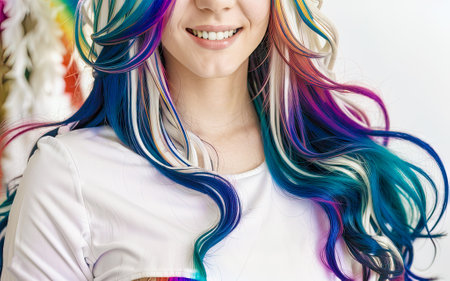 Portrait of a woman with bright colored hair. Beauty Fashion Model Girl with Colorful Dyed Hair. Colorful Long Hair. Portrait of Beautiful Girl with Dyed Hair, professional hair Coloring. Generative AIの素材