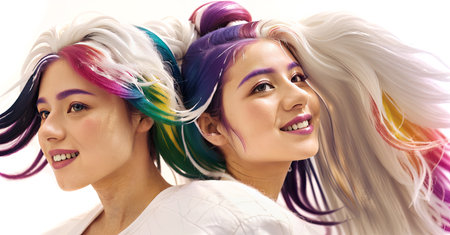 Different Hair Tones. Coloring Hair. Web banner of beauty hair salon. Group of asian women with bright multicolored rainbow hair on white background. Copy space. Hair care and dyed. Generative AIの素材