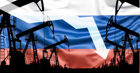 Sanctions, price fixing, ban on oil purchases in Russia. Oil pumps silhouette on flag of Russia background . working oil pumps. Trade, finance and economy concept. Purchase and sale of crude oilの写真素材