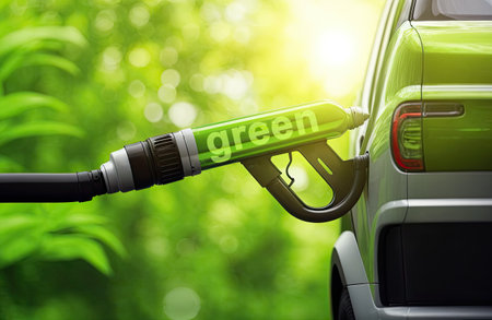 Green energy, eco fuel for cars. EV Car or Electric car at charging station with power cable supply plugged in on blurred nature with soft light background. Eco-friendly alternative energy concept. Generative AIの素材