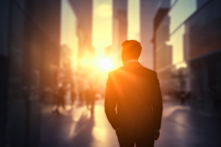 Businessman goes to meet sunset, in business district. Career, movement to achieve goals. person walking in city in sunset. leadership successful achievement with goal, win and objective target.の写真素材