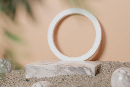 Marble stone plate cosmetic podium. Product setting podium, stone marble counter on beige wall. Object placement. background for beauty, organic, health, cosmetic, product display. 3d illustrationの写真素材