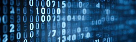 Blue digital binary data code on screen. Abstract tech binary code background in color blue, digital binary data and secure data concept. Close-up shallow DOF. Digital binary code matrix backgroundの写真素材