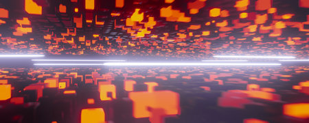 Orange geometric background of 3d cubes. Abstract geometric pattern. red orange wide web banner. high tech backdrop. 3d illustrationの写真素材