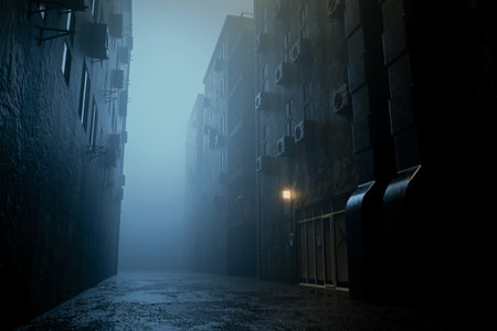 dark gloomy city street at night. background for crime. dark foggy abandoned city with glowing light, crime dark background.の写真素材
