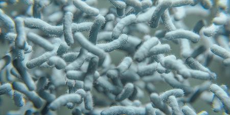 Bacteria and virus under microscope. Escherichia. Cyan background with blurred particles. Close up. Prokaryotic microorganisms. 3D renderingの写真素材