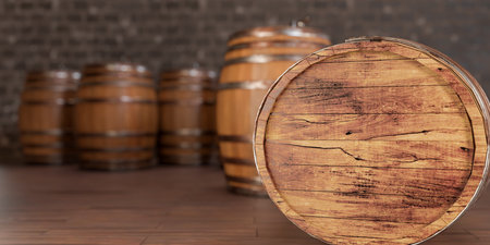 Wooden barrels in cellar. advertising of brewery, winery, tasting of new varieties of alcoholic...