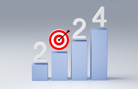 2024 Bar chart and growing up. Business achievement goal and objective target. economic and...