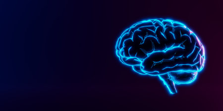 Neon brain on dark background. Deep learning , Machine learning and artificial intelligence , AI Technology, thinking concept. 3d illustrationの写真素材