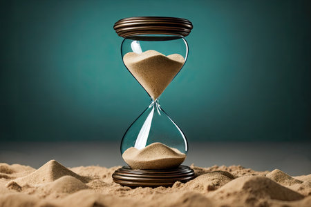 Sand running through bulbs hourglass measuring passing time in countdown to deadline, on dark background. Generative AIの素材