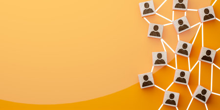 Business people icon on wooden cube blocks connecting network of connections. resource, HR,...