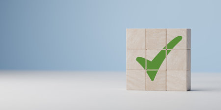 green tick. Goals achievement and business success. task completion. ethical corporate. Do the right thing. quality symbol. Wooden cube with green checkmark icon.の写真素材