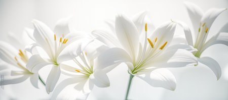 white lily flowers banner. White lily flower on white background. Floral wedding card, celebration, invitation, farewell greeting, condolence. Generative AI.の素材