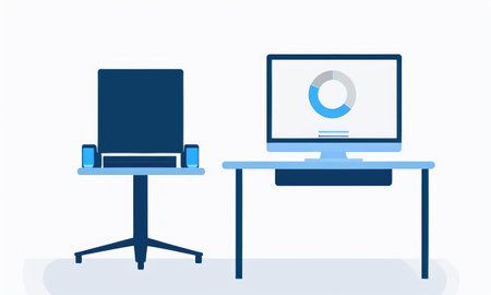 arm chair and table with computer chart on monitor. flat illustration. business data visualization. process chart. Abstract elements of graph, diagram. infographic templateの写真素材
