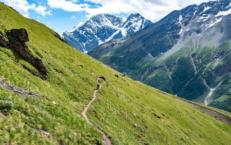 mountain trekking. Panorama mountain summer landscape. summer mountain landscape. Amazing scene with mountains. background of high snow-capped mountainsの写真素材