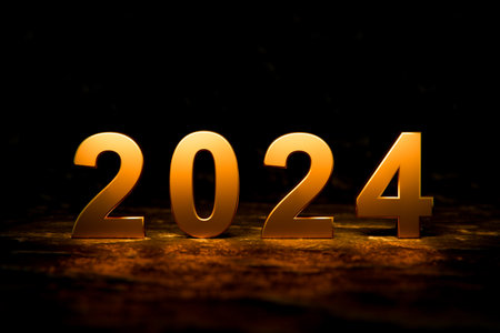 2024 happy new year concept. Gold 2024 on dark background. Start new year 2024 with goal plan, goal concept, action plan, strategy, new year business vision. 3d renderingの写真素材