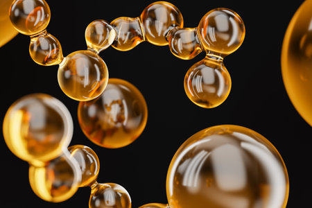 drops of oil in weightlessness. Golden yellow bubble oil or serum isolated on black background. concept skin care cosmetics solution. 3d illustrationの写真素材