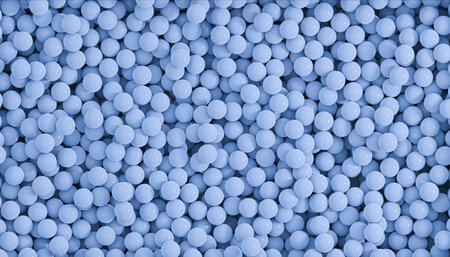 abstract blue balls wallpaper background. Top view of many small spheres, abstract geometric...