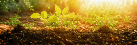 growth in farm with green leaf background. agriculture plant seeding growing concept. beautiful morning lighting. Generative AIの写真素材