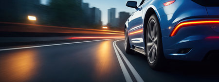 car on road, back side view. Night city from the car back view. city street at night with street lights and buildings in background. Generative aiの写真素材