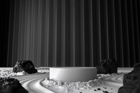 product placement podium. Empty podium or pedestal display on dark background with cylinder stand. Empty stage podium. background for beauty product and cosmetic presentation. 3d illustrationの写真素材