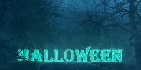 Mysterious dark forest and Halloween text. halloween night background. Horror landscape of dark forest with scary tree. 3d renderingの写真素材