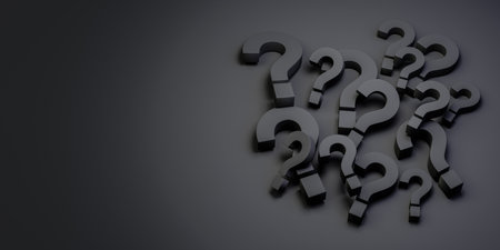 Problem, solution, confusion counseling. Pile of black question mark symbols on dark background. Large pile of black question mark symbols. 3D renderingの写真素材
