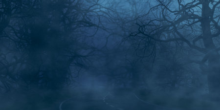 Mysterious dark forest. dark and moody forest road covered in mist. halloween night background. Horror landscape of dark forest with scary treeの写真素材