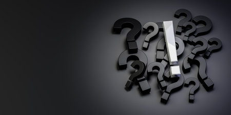 Problem, solution, confusion counseling. Pile of black question mark symbols with one white exclamation mark on dark background. Large pile of black question mark symbols. 3D renderingの写真素材