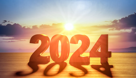 2024 new year calendar date on sunset background. Goal plan action. Silhouette 2024 on wooden table at sunrise. Goal achievement and success in 2024. 3d renderingの写真素材