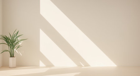 Abstract showroom overlay for product placement. pastel creamy beige stage with soft natural abstract diagonal window light and shadows. Product placement stage mockup. Generative AIの素材