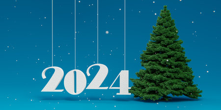 2024 Christmas tree. Elegant Christmas tree, 2024 numbers and snow on blue background. Christmas and new year concept. 3d illustrationの写真素材
