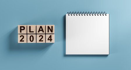 2024 plan and blank notepad. Development success and motivation in 2024. Planning, opportunity, challenge and business strategy in new year 2024.の写真素材
