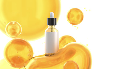 Mockup Oil serum glass bottle. Golden yellow bubble oil or serum isolated on yellow background. concept skin care cosmetics solution. Cosmetic products for makeup and skin care. 3d illustrationの写真素材