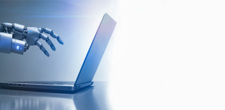 Robot hand typing on computer. artificial intelligence replacing human in dealing with another human. Robot hands point to laptop button advisor chatbot robotic artificial intelligence conceptの素材