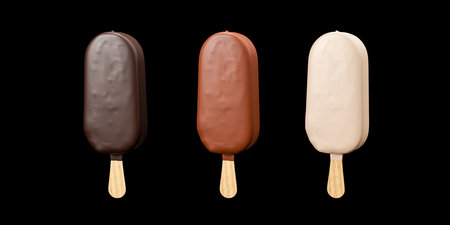 stick ice cream chocolate. three types ice cream chocolate escimo isolated on black. Chocolate glazed icecream on stick. Ice cream covered in dark, milk and white chocolateの写真素材