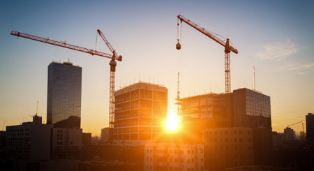 New construction site with crane and mechanical equipment on sunset background. Construction site crane. Silhouette building site. Sunrise with silhouetted cranes and buildings in industrial constructionの素材