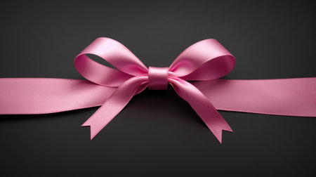 Pink gift ribbon with bow isolated on gray background. Decorative pink bow with horizontal ribbon. bow for page decor isolated on grey. Pink ribbon satin stripe band fabric bowの素材