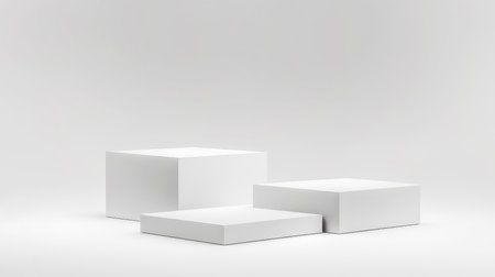 empty room with set of realistic white 3d rectangular podium cube or product display stand. Scene for showing or promoting products. 3d rendering.の写真素材