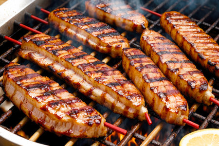Juicy beef hamburger patties on barbecue grill. making barbecue in dinner party. Hamburgers cooking on BBQ. Delicious grilled meatの素材