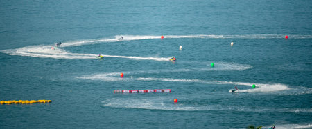 Pattaya, Thailand - December 15, 2023: competitions, jet ski races on Jomtien beach. top viewのeditorial素材