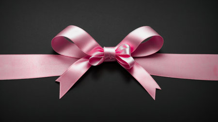 Pink gift ribbon with bow isolated on gray background. Decorative pink bow with horizontal ribbon. bow for page decor isolated on grey. Pink ribbon satin stripe band fabric bowの素材