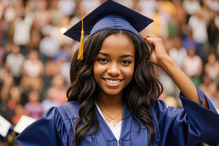 Happy African American girl growing student. education, graduation, group of happy international students in mortar boards and bachelor gownsの素材