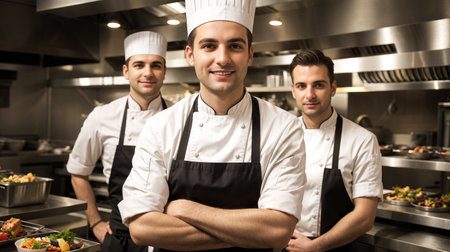 confident chefs standing at kitchen in restaurant. chef team. Young male chef in white cooking uniform looks at camera, arms crossed and cheerful smile with food professional occupationの素材
