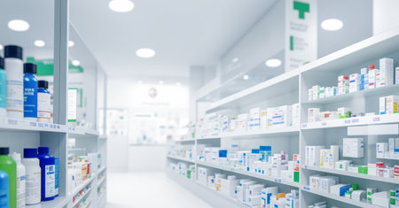Pharmacy Background. Pharmacy blurred light tone with store drugs shelves interior background. Pharmacy medicine shelf in row blurred backgroundの素材