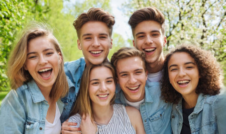 Having best time with friends. group of students enjoying their spring break. Young people enjoying spring summer time together. cheerful friends on vacationの素材